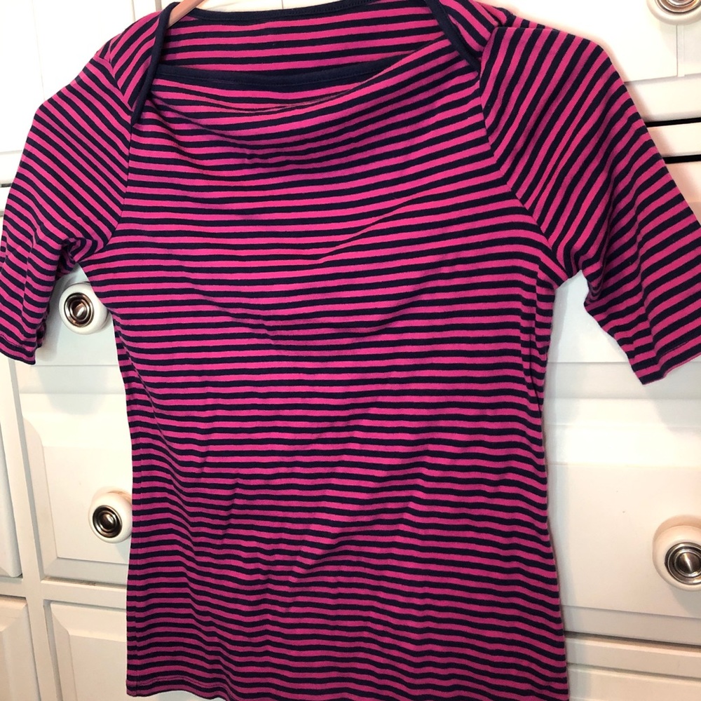 striped pink and navy blue top